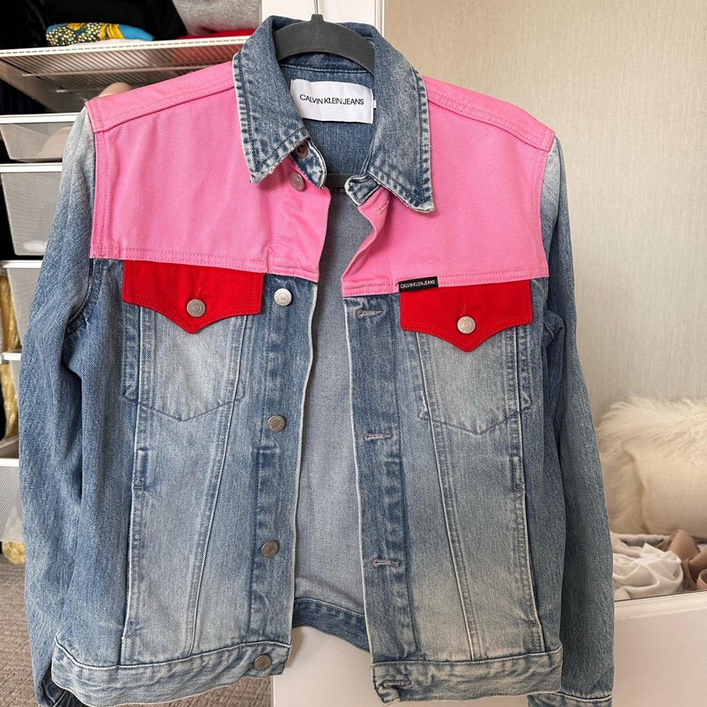 Calvin Klein Jeans Blue Denim Jacket with Pink and Red Detail